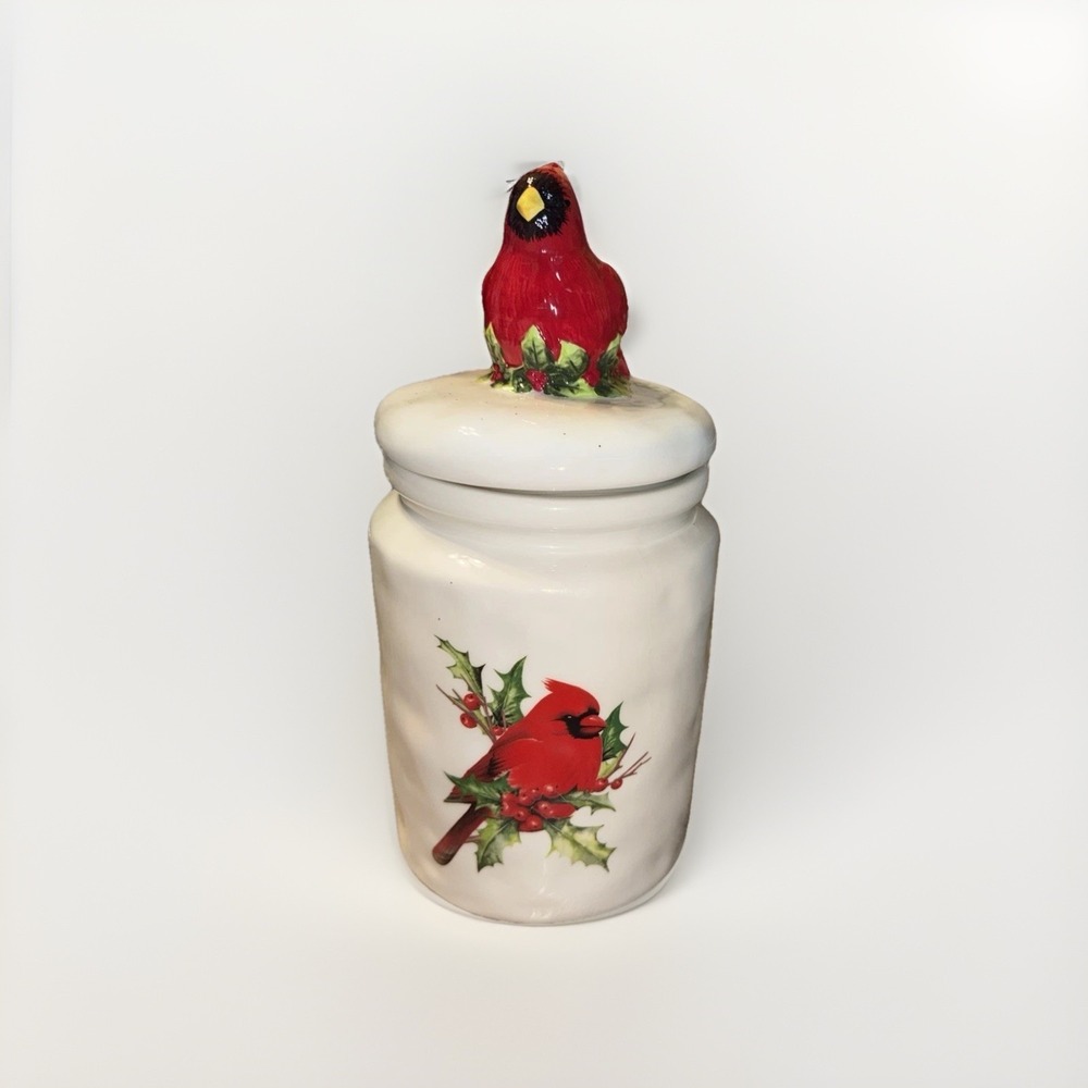 Ceramic Cardinal Bird and Holly White Storage Canister Jar with Lid
